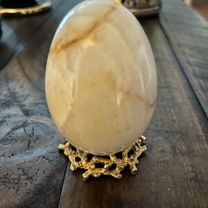 Vintage Alabaster Egg White Agate Gold